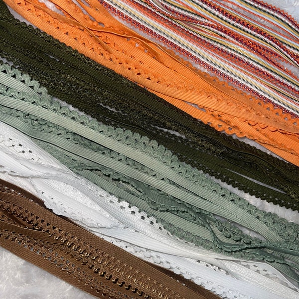 Assorted Lot 30 yards PICOT stretch doll sewing elastic fall colors stripes rust orange white olive sage green mocha brown 3/8” - 1/2" inch