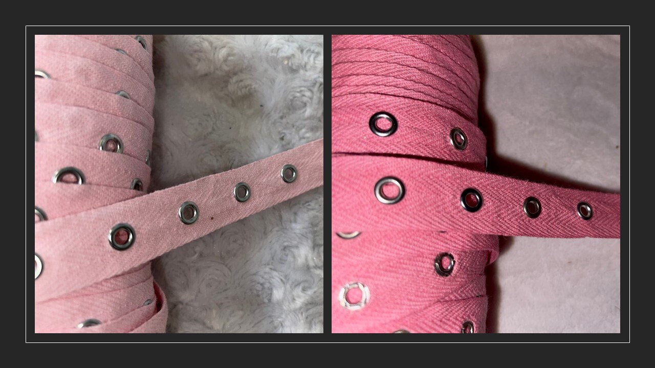 4 yards pastel or bubblegum baby pink cotton grommet silver metal eyelet twill trim tape 3/4” wide 4 yards pastel or bubblegum baby pink cotton grommet silver metal eyelet twill trim tape 3/4” wide