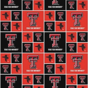 May include: A repeating pattern featuring the Texas Tech University logo and imagery. The design includes the letter "T" in red with a black outline, set against red and black backgrounds. The words "TEXAS TECH UNIVERSITY" are also present.