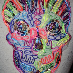Set of 2 Neon rattail sequin skull rainbow skulls Halloween sewing craft sew in patch applique Large 10" x 8"
