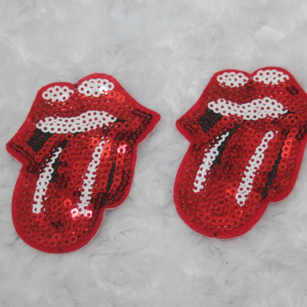 Lot set of 2 black red white Rolling Stone lips tongue sequin iron on applique patch 2" x 2.75"