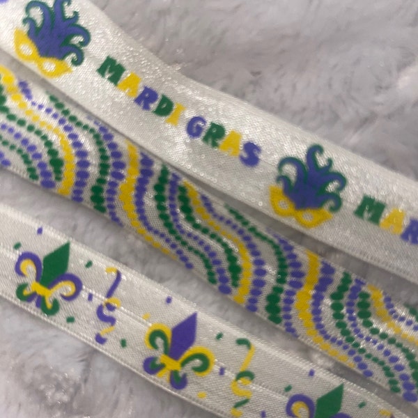 Clearance 10 yards Mardi Gras 5/8" Hair Ties FOE stretch foldover elastic Fleur de Lis Mask Beads