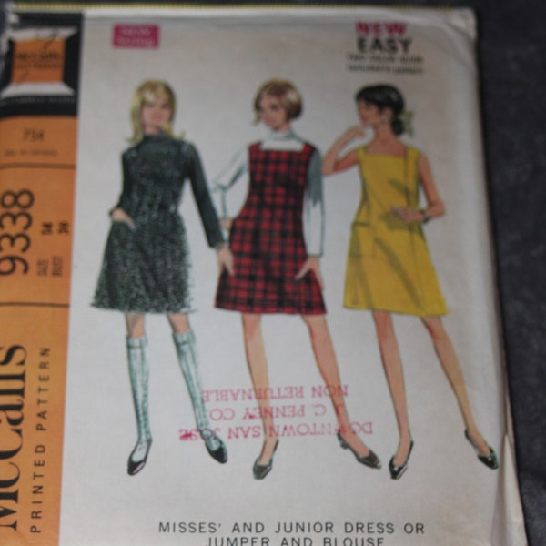 Vintage McCalls 9338 sewing pattern 1960s Misses and junior dress jumper blouse square neck bias roll collar size 14