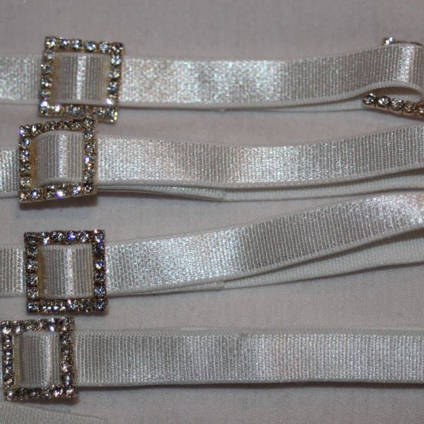 6 pair white satin sew in spaghetti lingerie BRA strap straps with rhinestone slider and buckle Shiny Elastic dyeable 3/8" wide