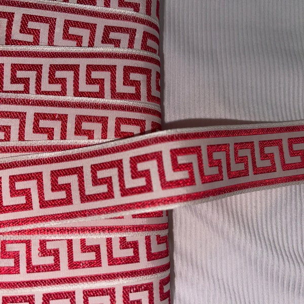 Cherry Red white greek key woven jacquard satin non stretch sewing clothing upholstery trim 1" wide