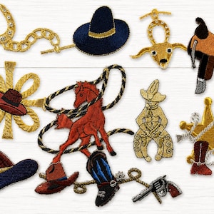 May include: A collection of embroidered patches featuring western-themed motifs including a gold horseshoe, a navy hat, a longhorn skull, a brown saddle, a red horse with a lasso, a gold sheriff star, a brown boot, and a silver revolver.