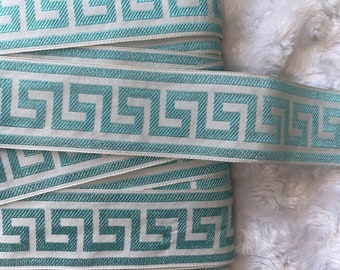 5 yards light aqua turquoise white greek key woven jacquard sewing satin trim 1.5" wide