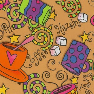 May include: A whimsical pattern featuring coffee cups, swirls, stars, and sugar cubes on a tan background. The cups are in various colors, including orange, purple, and pink, with heart and polka dot designs. The word "Hazelnut" is visible.