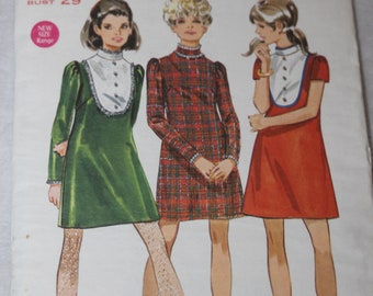 UNCUT Vintage Butterick 5420 1960s Dress Girls Junior Sewing Pattern Boho Easy A-Line Mini Dress with front yoke size 7/8