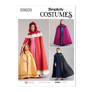 May include: Simplicity Costumes sewing pattern S9626 for making capes. The pattern includes four different cape designs: a red cape with a white fur trim, a yellow cape, a black cape with feather trim, and a pink cape with lace trim. The pattern is easy to sew and includes instructions for making the capes.