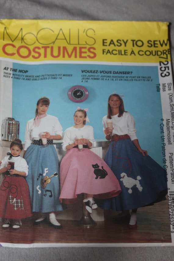7253 UNCUT McCalls SEWING Pattern Misses Girls Halloween Costume Poodle Skirt 50