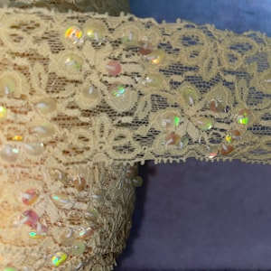 5 yards lemon yellow stretch lace iridescent sequins  2” wide