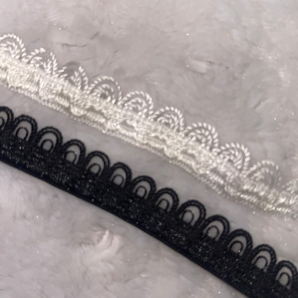 10 yards WHITE or BLACK Picot scalloped edge Dainty frilly Mesh lace  loop stretch doll craft elastic 1/2” inch