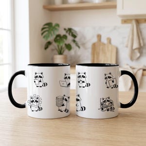 Funny Office Raccoon Mug, Work Chaos Humor, Black Accent Coffee Cup