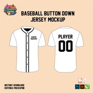 May include: White baseball jersey mockup with black trim and buttons. The front features the text "Danzee Mockups". The back displays "PLAYER" and the number "00". The image also includes the text "BASEBALL BUTTON DOWN JERSEY MOCKUP".