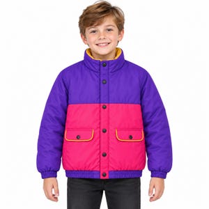 Retro windjack met kleurblokken uit de jaren 90, roze en paars, unisex festivaljas, gewatteerde ski-jas in vintage stijl.