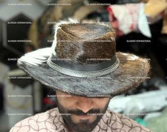 Cowhide Leather Top Hat Handmade Hair On Western Cowboy Hat Steampunk  Unisex Gift for Him and Her