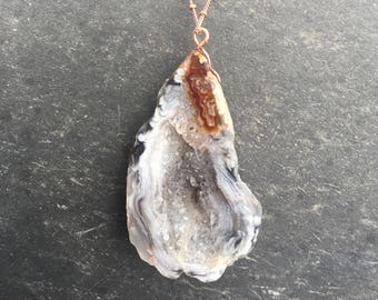 Large Geode druzy agate teardrop on long chain rose gold filled, long necklace, statement necklace