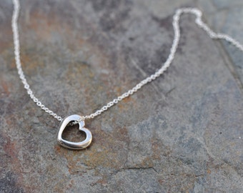 Open Heart charm necklace on silver chain, sterling silver heart charm, dainty silver heart necklace