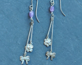 Sterling Silver Vintage amethyst dangle earrings, dainty ribbon earrings