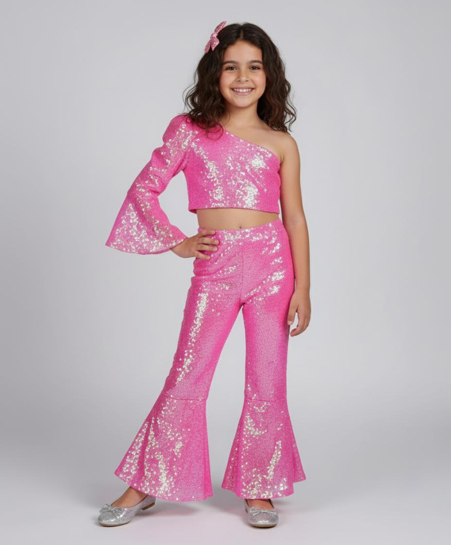 Girl's Shiny Sequins Party Romper - One Shoulder Dance Leotard With Flare Bell Bottom