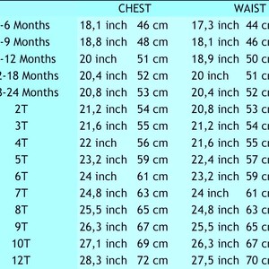 Puede incluir: Un gr&aacute;fico que muestra las tallas de ropa para ni&ntilde;os en pulgadas y cent&iacute;metros. El gr&aacute;fico enumera las medidas de pecho y cintura para las tallas que van desde los 3-6 meses hasta la 12T.