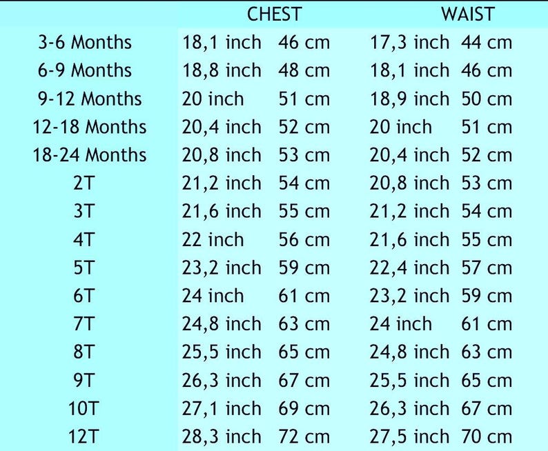 Puede incluir: Un gr&aacute;fico que muestra las tallas de ropa para ni&ntilde;os en pulgadas y cent&iacute;metros. El gr&aacute;fico enumera las medidas de pecho y cintura para las tallas que van desde los 3-6 meses hasta la 12T.
