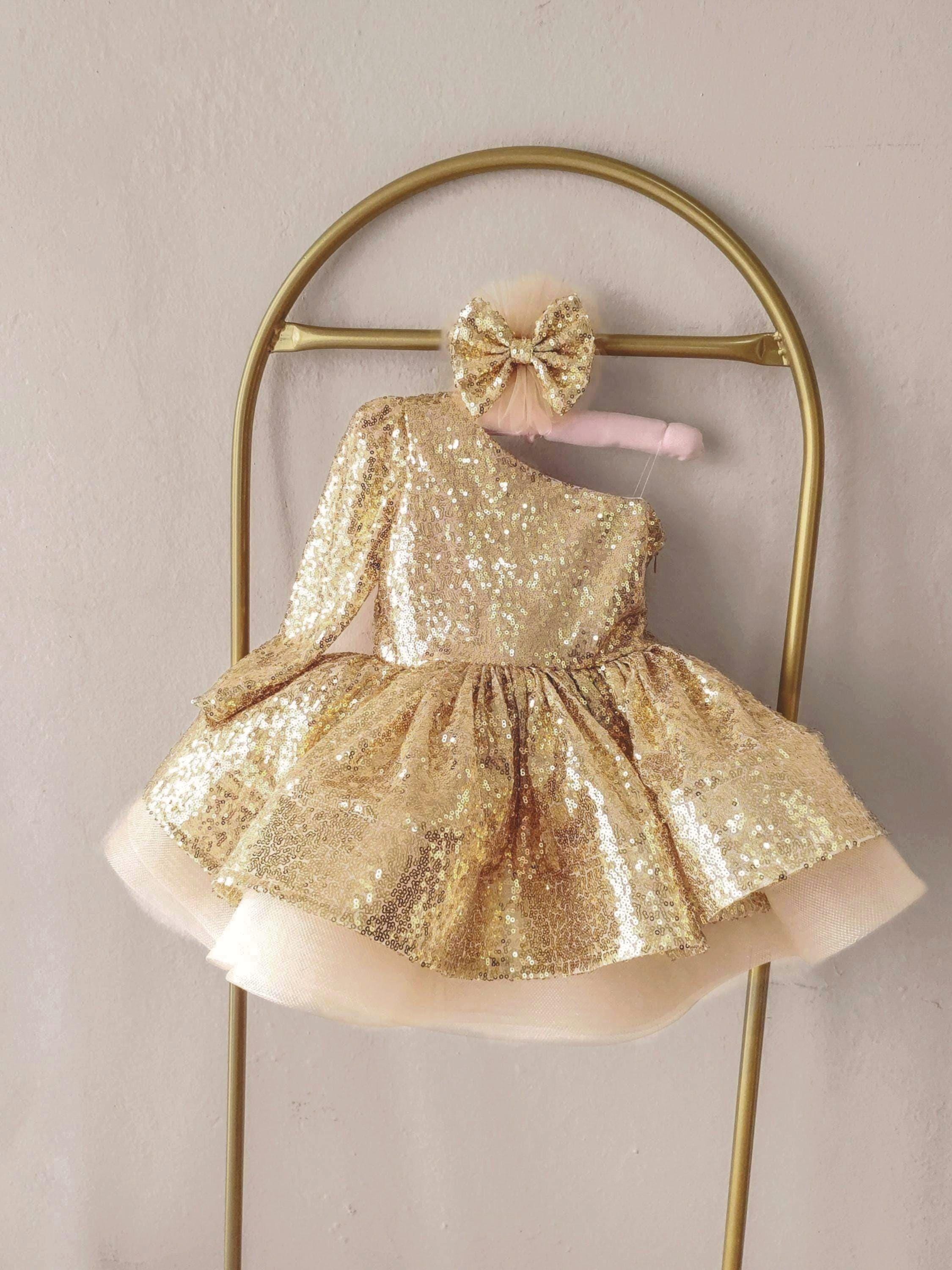 gold sequin infant dress Handcrafted Baby Dress, Birthday Photoshoot Outfit party kids gold dress
