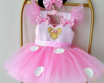 Vestido de cumpleaños de Minnie Mouse rosa con lunares, disfraz de Minnie para fotos de cumpleaños de niña pequeña, vestido de Minnie para bebé, vestido rosa de Minnie
