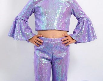 Mono lila para bebé, conjunto de top y pantalón con lentejuelas para niña pequeña, atuendo de cumpleaños para niña pequeña, disfraz para sesión de fotos de cumpleaños de bebé.