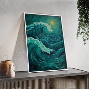 Gerahmtes Poster Meereswellen - Gelassene Wandkunst für Strandliebhaber, Wohnkultur, Geschenkidee, nautische Ästhetik, ruhige Atmosphäre