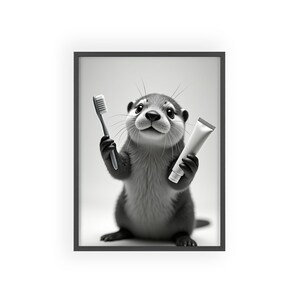 Badezimmer-niedlicher Otter-Plakat mit der Zahnbürste Zahnpasta, lustiges Dekor für Kinderzimmer oder Badezimmer, Naturliebhaber-lustiges Geschenk für Freund