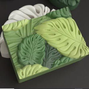 May include: A green and white silicone mould with a leaf design. The mould is made of silicone and is flexible. It is perfect for making soap, candles, or other crafts.