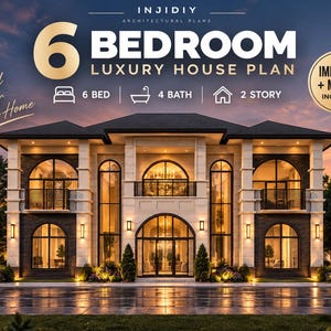Può includere: Un piano architettonico digitale per una casa di lusso con 6 camere da letto, 4 bagni e 2 piani. Il testo recita INJIDIY ARCHITECTURAL PLANS, 6 BEDROOM LUXURY HOUSE PLAN, 6 BED, 4 BATH, 2 STORY, BUILD YOUR DREAM HOME e IMPERIAL + METRIC INCLUDED.