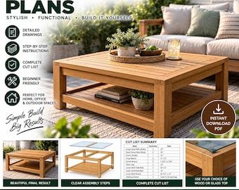 Op de afbeelding: DIY-tafelplannen voor een vierkante houten salontafel met een onderste plank. Het document bevat gedetailleerde tekeningen, stapsgewijze instructies, een volledige zaaglijst en een overzichtstabel voor de constructie.