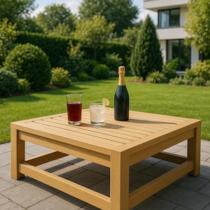 May include: A wooden outdoor coffee table with a slatted top. Two glasses and a bottle of champagne are on the table.