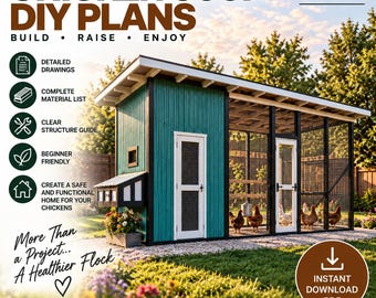 May include: Digital DIY plans for a teal and black chicken coop with a white door, wire mesh enclosure, and nesting box. Text includes CHICKEN COOP DIY PLANS, INJIDIY, and features like detailed drawings, material list, and structure guide.