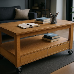May include: A wooden coffee table with two drawers and a shelf. The table has wheels and is made of light brown wood. There are books and a pencil holder on the table.