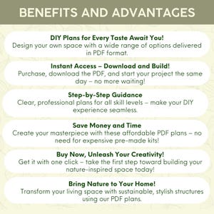 May include: A digital infographic titled BENEFITS AND ADVANTAGES listing six points about PDF DIY plans: DIY Plans for Every Taste Await You, Instant Access, Step-by-Step Guidance, Save Money and Time, Buy Now, and Bring Nature to Your Home.