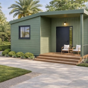 May include: A small, green cabin with a dark door and windows. Two white chairs sit on a wooden deck in front of the door. The cabin is surrounded by greenery, including palm trees and manicured bushes.