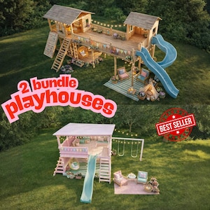 Pode incluir: A imagem mostra duas casas de brincar. A casa de brincar superior é de madeira com um telhado castanho claro, um escorrega azul e uma escada de madeira. A casa de brincar inferior é rosa com um escorrega verde e um baloiço. O texto "2 bundle playhouses" está presente.