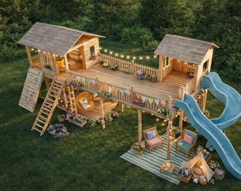 Planos de casa de juegos para niños con puente / Fuerte de jardín DIY / Juego de dos torres (PDF)