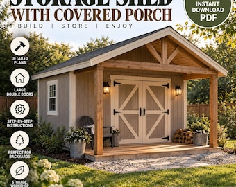 Planos para cobertizo con porche, cobertizo de almacenamiento de madera para bricolaje, planos para cobertizo grande con doble puerta, taller de jardín, PDF paso a paso