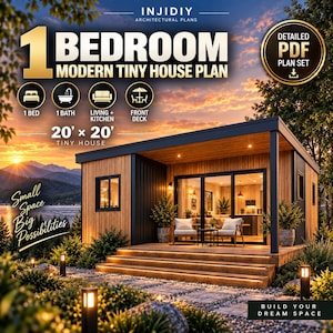 Può includere: Un piano architettonico digitale per una moderna tiny house con una camera da letto di 20' per 20'. La grafica include testo come 1 BEDROOM MODERN TINY HOUSE PLAN, un'icona PDF dettagliata e icone per un letto, un bagno, soggiorno e veranda.