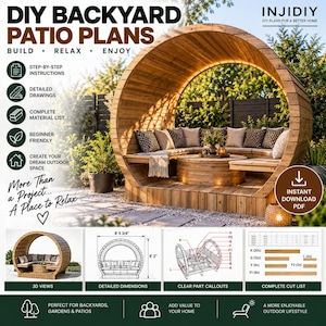 May include: DIY backyard patio plans for a circular wooden outdoor seating structure. Includes step-by-step instructions, detailed drawings, a material list, and dimensions of 8 feet 3.75 inches wide by 8 feet 2 inches high. Instant PDF download.