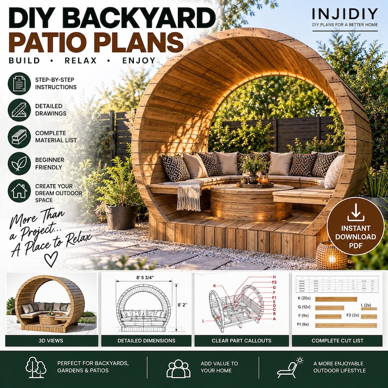 May include: DIY backyard patio plans for a circular wooden outdoor seating structure. Includes step-by-step instructions, detailed drawings, a material list, and dimensions of 8 feet 3.75 inches wide by 8 feet 2 inches high. Instant PDF download.