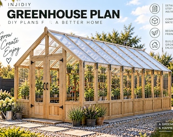 Puede incluir: Un invernadero de madera con techo a dos aguas y paneles transparentes, con puertas dobles y estanterías interiores llenas de plantas en macetas. El texto en la imagen incluye INJIDIY GREENHOUSE PLAN, DIY PLANS FOR A BETTER HOME y Grow Create Enjoy.