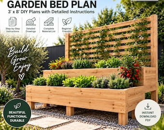 2-Tier Raised Garden Bed Plans, 3x8 Wooden Planter Box with Trellis (PDF)