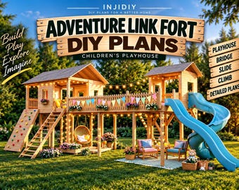 Puede incluir: Un conjunto de planos de bricolaje para una casita de juegos infantil de madera Adventure Link Fort, con estructura multinivel, pared de escalada, escalera, columpio, tobogán azul y puente. Texto: INJIDIY, ADVENTURE LINK FORT DIY PLANS.