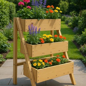 DIY 3-Tier-Holzblumenkasten Bauplan für Garten im Freien, vertikale Kräuterblumengemüse angehobenes Bett-Holzplan-Entwurf